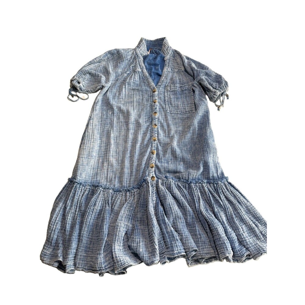 FREE PEOPLE Maya Midi Shirtdress XS Button Up Gauzy Mineral Wash Blue Oversized